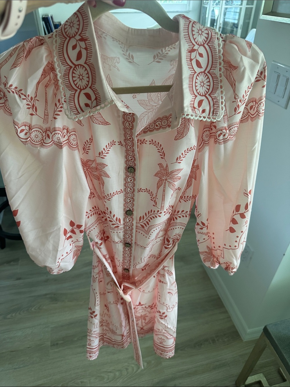 Printed Pink Puff-Sleeve Mini Dress with Tie Waist